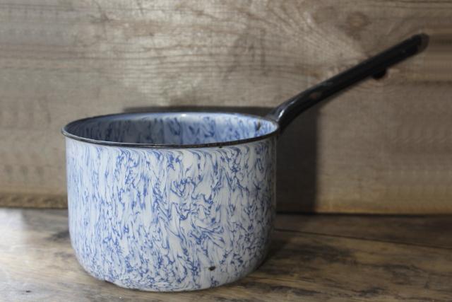 photo of vintage blue swirl graniteware enamel big cooking pot w/ handle for ranch style camp stove #1