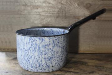 catalog photo of vintage blue swirl graniteware enamel big cooking pot w/ handle for ranch style camp stove