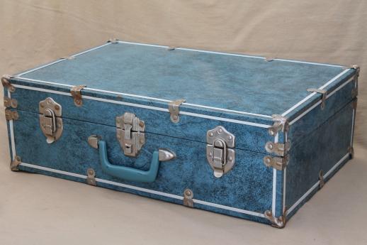 photo of vintage blue tin train case travel luggage, hard-sided metal suitcase for storage box #1