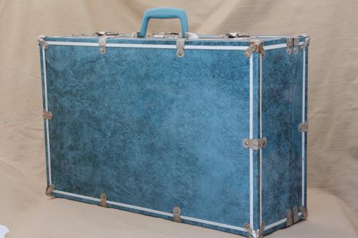 photo of vintage blue tin train case travel luggage, hard-sided metal suitcase for storage box #4