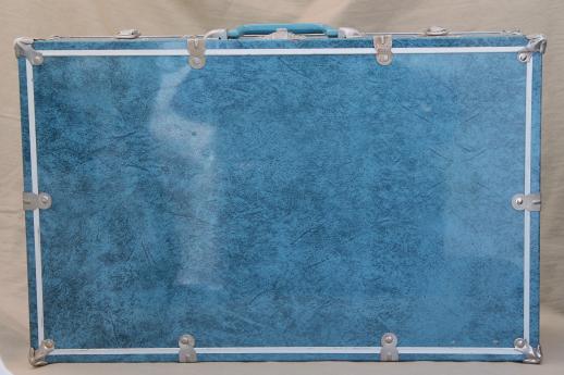 photo of vintage blue tin train case travel luggage, hard-sided metal suitcase for storage box #5