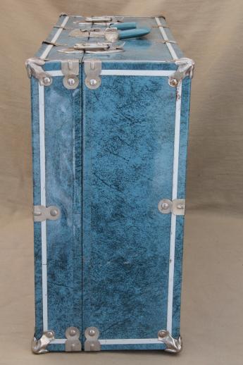 photo of vintage blue tin train case travel luggage, hard-sided metal suitcase for storage box #6