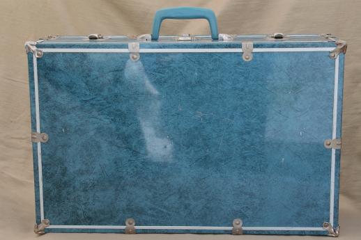 photo of vintage blue tin train case travel luggage, hard-sided metal suitcase for storage box #7