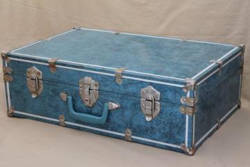 catalog photo of vintage blue tin train case travel luggage, hard-sided metal suitcase for storage box