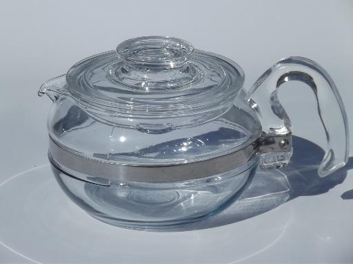 photo of vintage blue tint Pyrex glass flameware teapot w/ lid, 6 cup tea pot #1