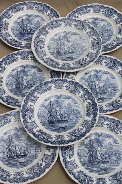 photo of vintage blue & white Bristol Ports of England, 8 English transferware china plates #1