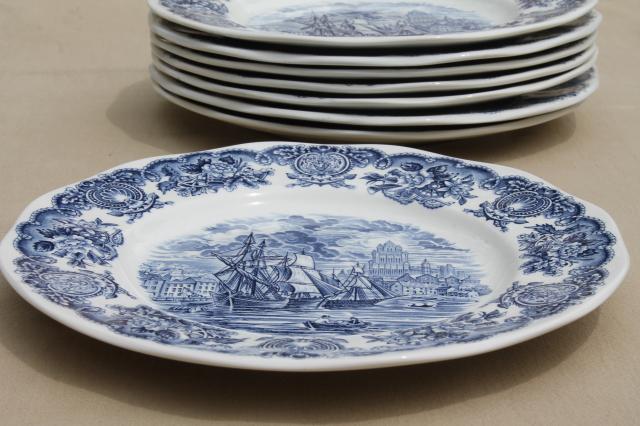 photo of vintage blue & white Bristol Ports of England, 8 English transferware china plates #3