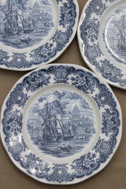 photo of vintage blue & white Bristol Ports of England, 8 English transferware china plates #4