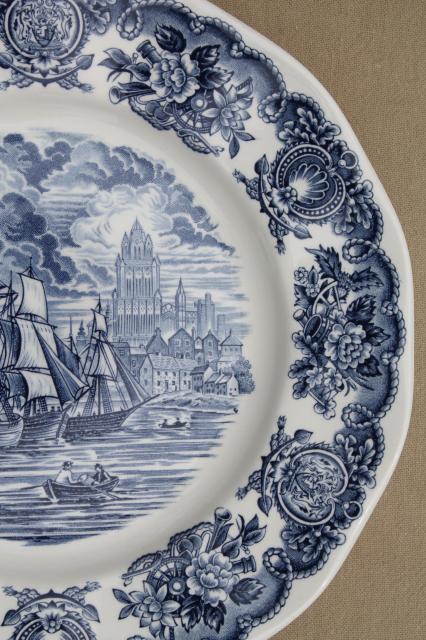 photo of vintage blue & white Bristol Ports of England, 8 English transferware china plates #5