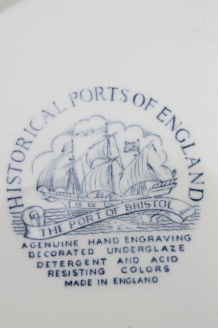 photo of vintage blue & white Bristol Ports of England, 8 English transferware china plates #8