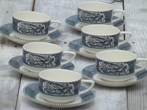 photo of vintage blue & white Currier & Ives Royal china cups and saucers set of 6 #1