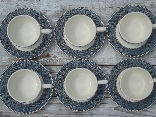 photo of vintage blue & white Currier & Ives Royal china cups and saucers set of 6 #2