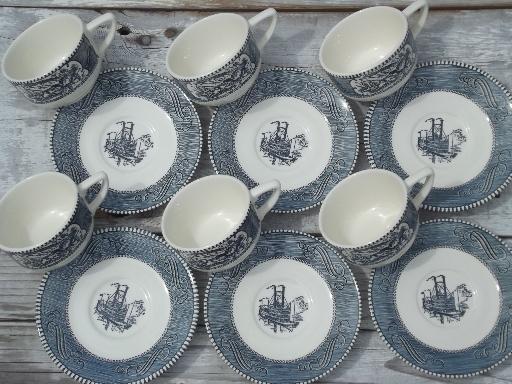 photo of vintage blue & white Currier & Ives Royal china cups and saucers set of 6 #3