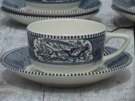 photo of vintage blue & white Currier & Ives Royal china cups and saucers set of 6 #4