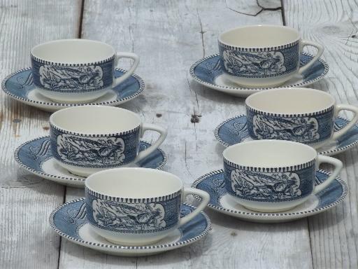 photo of vintage blue & white Currier & Ives Royal china cups and saucers set of 6 #1