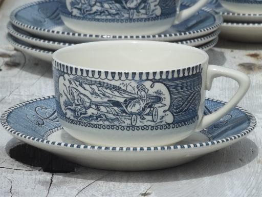 photo of vintage blue & white Currier & Ives Royal china cups and saucers set of 6 #2