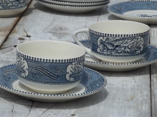 photo of vintage blue & white Currier & Ives Royal china cups and saucers set of 6 #3