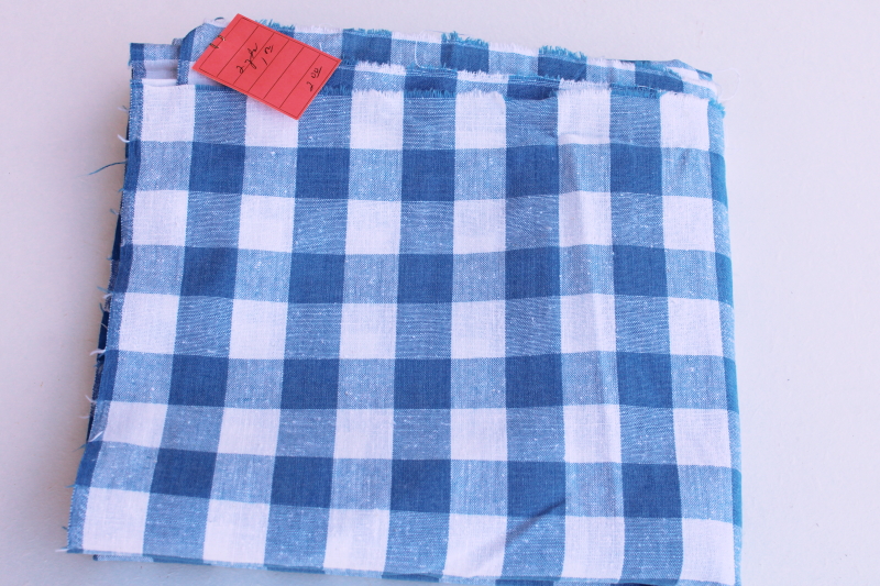 photo of vintage blue & white checked linen weave cotton fabric for kitchen towels, linens #1