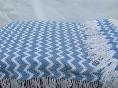 photo of vintage blue & white chevron stripes crochet afghan, really long fringe! #1