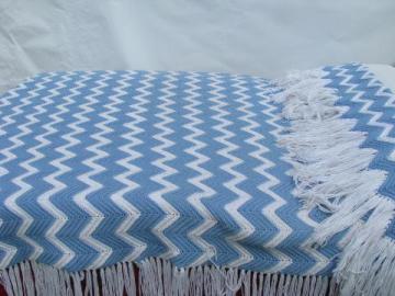 catalog photo of vintage blue & white chevron stripes crochet afghan, really long fringe!