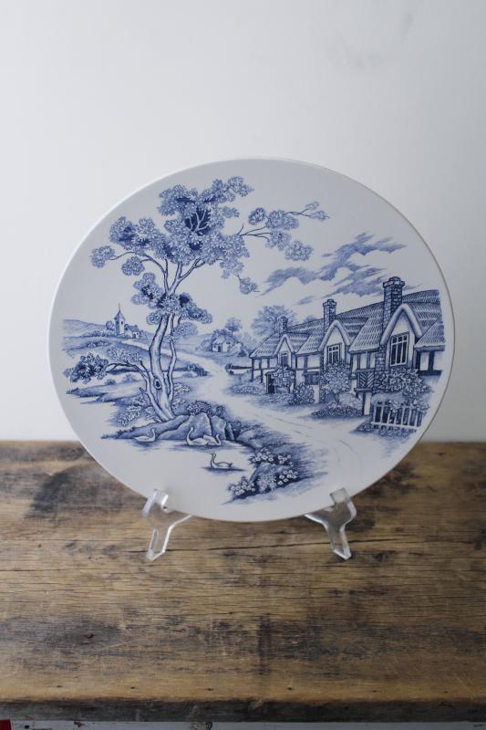 photo of vintage blue & white china cake stand, pedestal plate Country Lane cottage scene #1