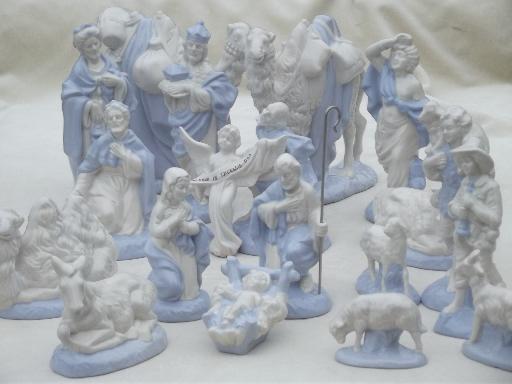 photo of vintage blue & white china nativity scene, handmade ceramic creche figures set #1