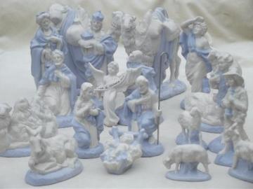 catalog photo of vintage blue & white china nativity scene, handmade ceramic creche figures set