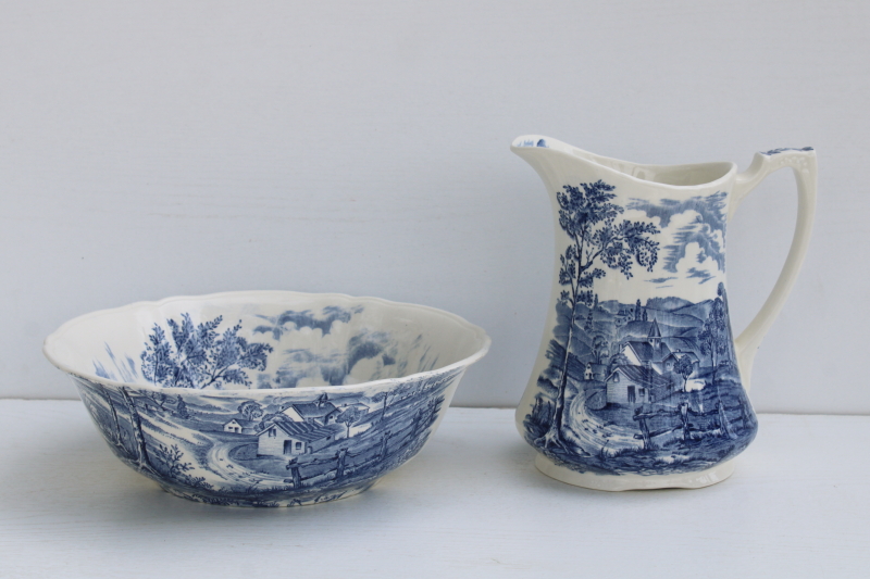 photo of vintage blue & white china pitcher and bowl Alfred Meakin England Reverie transferware countryside scene #1