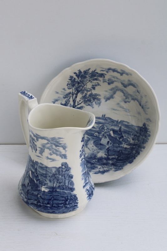 photo of vintage blue & white china pitcher and bowl Alfred Meakin England Reverie transferware countryside scene #4