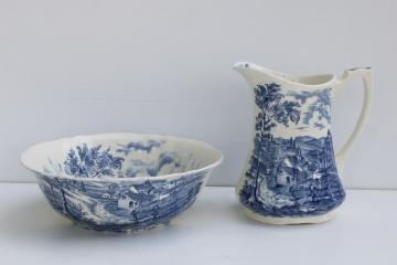 catalog photo of vintage blue & white china pitcher and bowl Alfred Meakin England Reverie transferware countryside scene