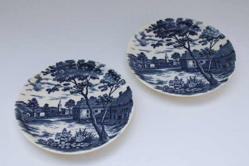 photo of vintage blue white china plates English Village pattern made in Japan, toile style print #1