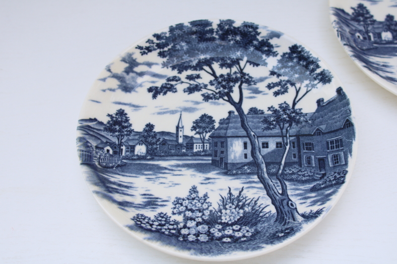 photo of vintage blue white china plates English Village pattern made in Japan, toile style print #2