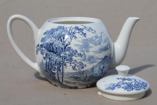 photo of vintage blue & white china tea pot, Wedgwood Countryside pattern #3