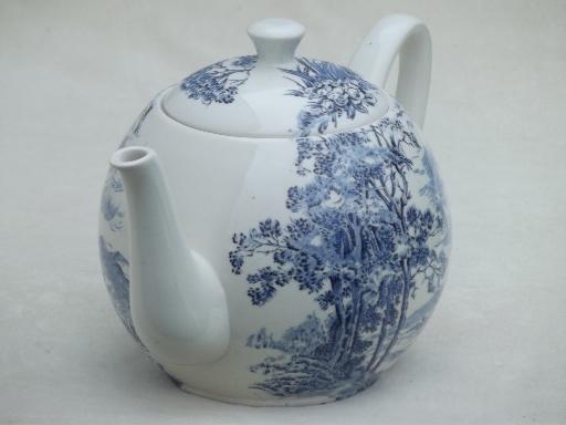 photo of vintage blue & white china tea pot, Wedgwood Countryside pattern #2