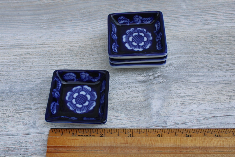 photo of vintage blue & white china tiny square sauce dishes, deep cobalt blue flow color #3