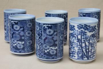 catalog photo of vintage blue & white china tumblers, Japanese ceramic tea glasses w/ bamboo print