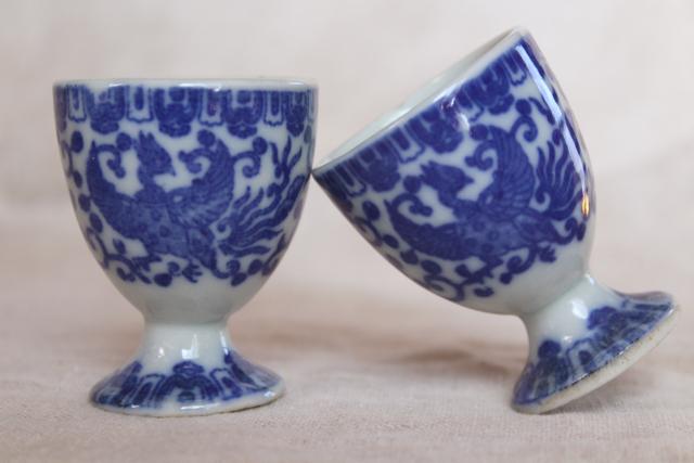 photo of vintage blue & white chinoiserie china egg cups, phoenix bird Japan phoenixware #2