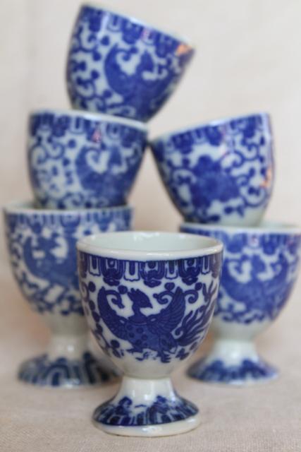 photo of vintage blue & white chinoiserie china egg cups, phoenix bird Japan phoenixware #3