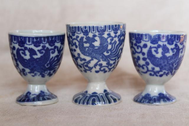 photo of vintage blue & white chinoiserie china egg cups, phoenix bird Japan phoenixware #4