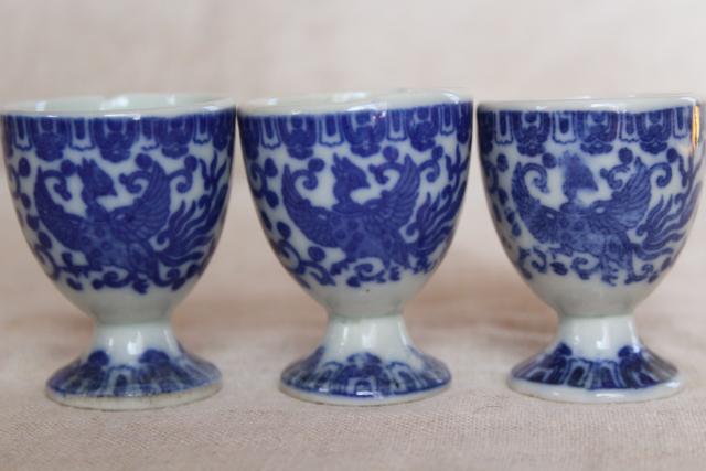 photo of vintage blue & white chinoiserie china egg cups, phoenix bird Japan phoenixware #5