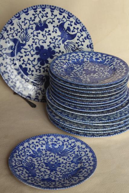 photo of vintage blue & white chinoiserie china plates, phoenix bird hand painted Japan  #1