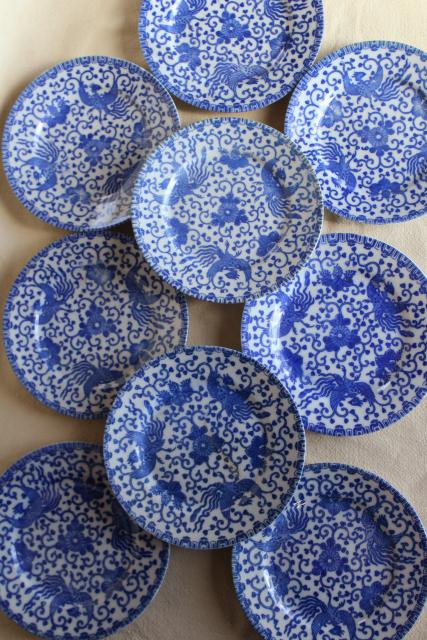 photo of vintage blue & white chinoiserie china plates, phoenix bird hand painted Japan  #3