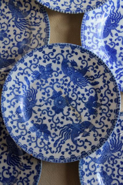 photo of vintage blue & white chinoiserie china plates, phoenix bird hand painted Japan  #4