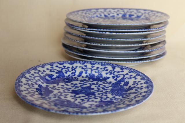 photo of vintage blue & white chinoiserie china plates, phoenix bird hand painted Japan  #5