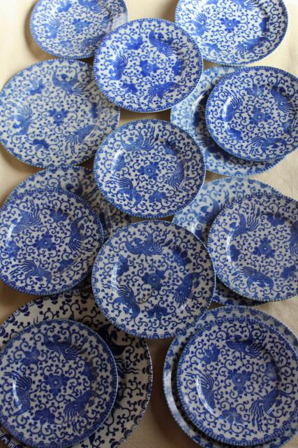 photo of vintage blue & white chinoiserie china plates, phoenix bird hand painted Japan  #7