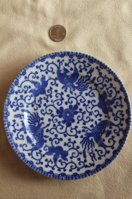 photo of vintage blue & white chinoiserie china plates, phoenix bird hand painted Japan  #9