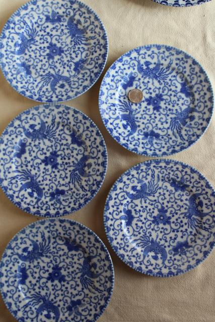 photo of vintage blue & white chinoiserie china plates, phoenix bird hand painted Japan  #12