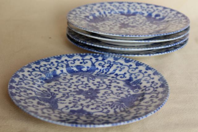 photo of vintage blue & white chinoiserie china plates, phoenix bird hand painted Japan  #13