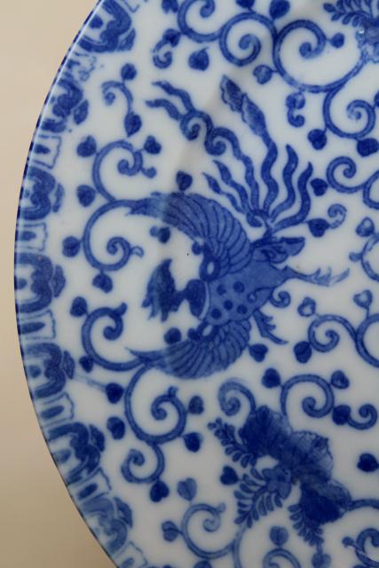 photo of vintage blue & white chinoiserie china plates, phoenix bird hand painted Japan  #14