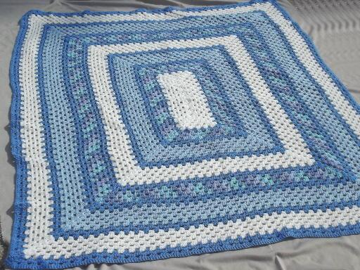 photo of vintage blue & white crochet afghan, huge crocheted granny square blanket #1